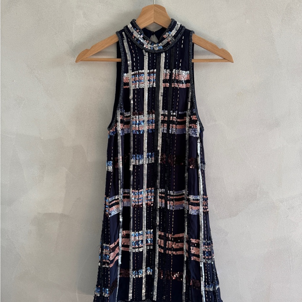 BHLDN - Sleeveless Navy Plaid Sequin Mini Dress - Size 2